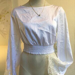 GUESS Cropped Top Blouse Bell Long Sleeve & Lace Smocked Waist Silk White S